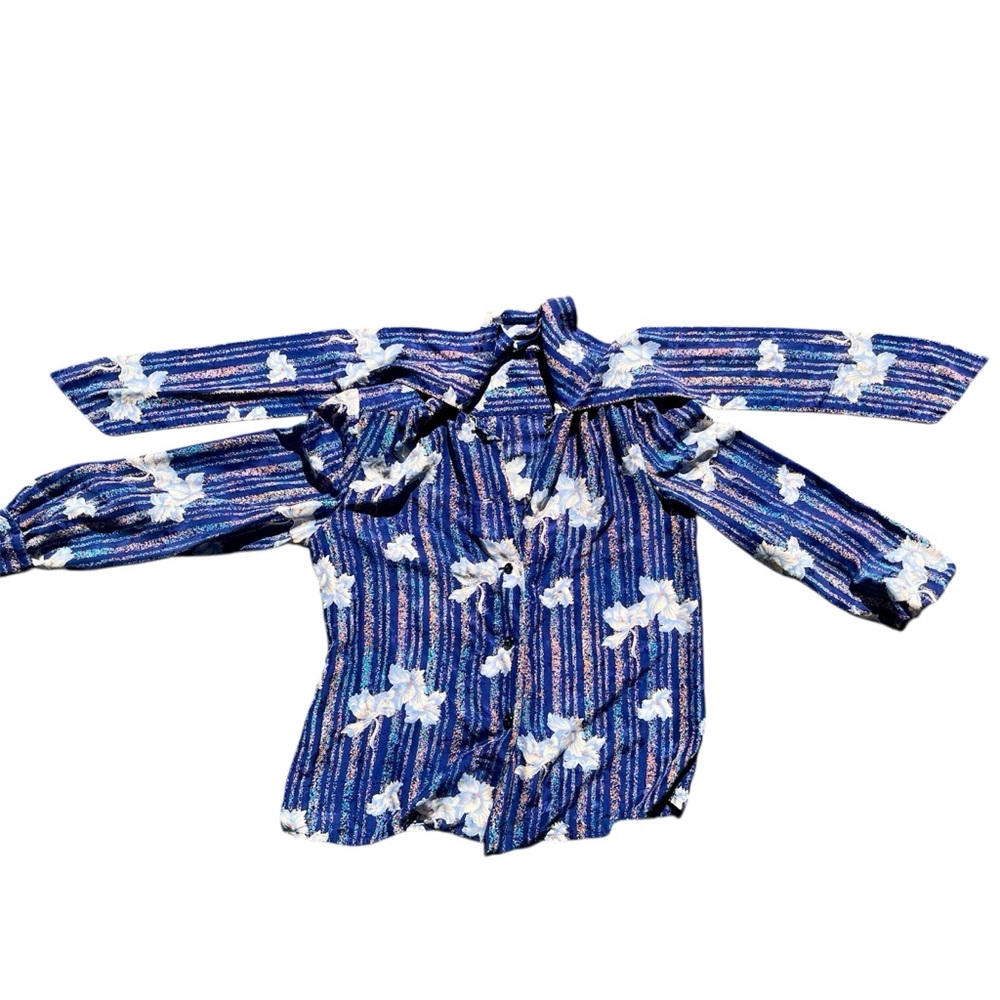 Vintage 100% Silk Tie Neck Blouse – Midnight Blue Abstract Moth & Ikat Motif S/M - Picture 3 of 13
